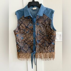 Gottex Denim Cheetah Button Down Top Sleeveless Fringe Womens Medium